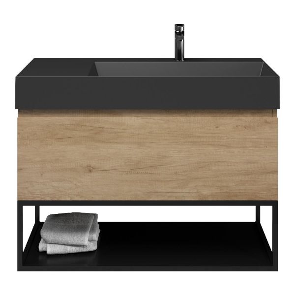 Texel Domburg/Veere/Marken badmeubel 100x46 1 softclose lade olm greeploos keramische wastafel rechts zwart mat met 1 kraangat met mat zwart metalen frame