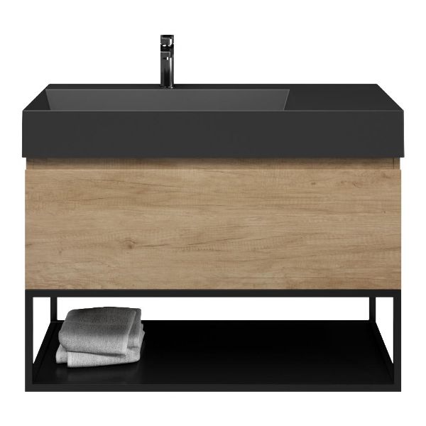 Texel Domburg/Veere/Marken badmeubel 100x46 1 softclose lade olm greeploos keramische wastafel links zwart mat met 1 kraangat met mat zwart metalen frame