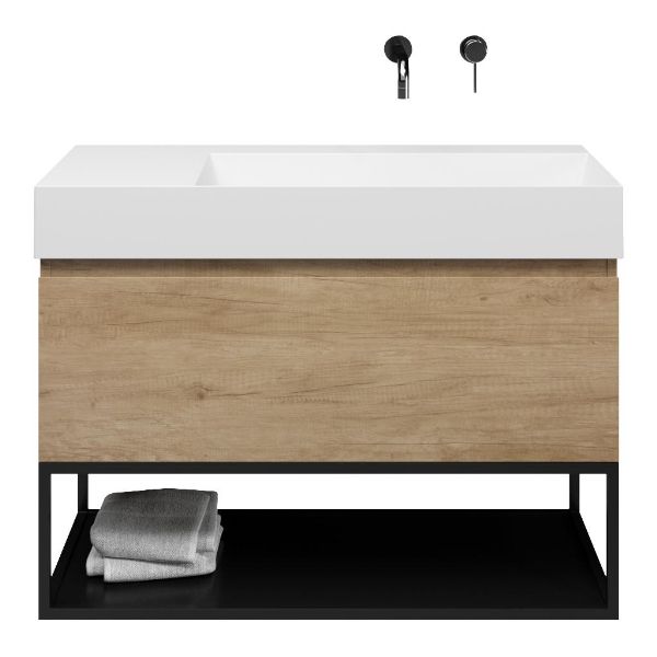 Texel Domburg/Veere/Marken badmeubel 100x46 1 softclose lade olm greeploos keramische wastafel rechts wit glans zonder kraangat met mat zwart metalen frame