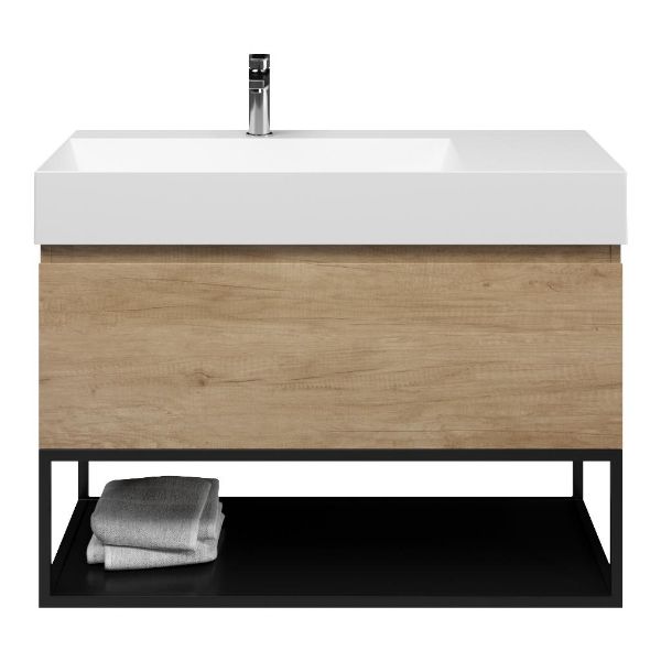 Texel Domburg/Veere/Marken badmeubel 100x46 1 softclose lade olm greeploos keramische wastafel links wit mat met 1 kraangat met mat zwart metalen frame