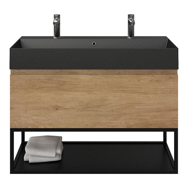 Texel Domburg/Veere/Marken badmeubel 100x46 1 softclose lade olm greeploos keramische wastafel zwart mat met 2 kraangaten met mat zwart metalen frame