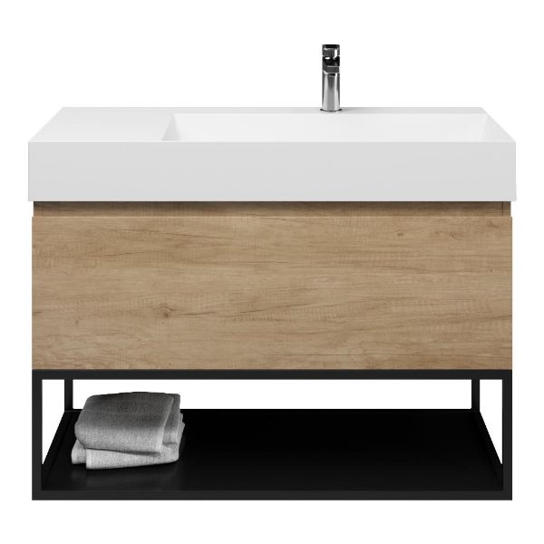 Texel Domburg/Veere/Marken badmeubel 100x46 1 softclose lade olm greeploos keramische wastafel rechts wit glans met 1 kraangat met mat zwart metalen frame