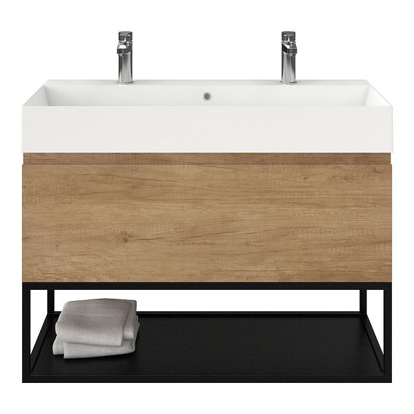Texel Domburg/Veere/Marken badmeubel 100x46 1 softclose lade olm greeploos keramische wastafel wit glans met 2 kraangaten met mat zwart metalen frame