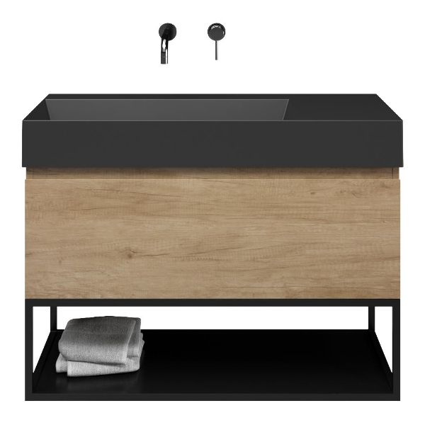 Texel Domburg/Veere/Marken badmeubel 100x46 1 softclose lade olm greeploos keramische wastafel links zwart mat zonder kraangaten met mat zwart metalen frame