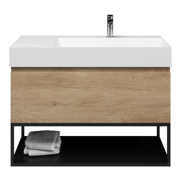 Texel Domburg/Veere/Marken badmeubel 100x46 1 softclose lade olm greeploos keramische wastafel rechts wit mat met 1 kraangat met mat zwart metalen frame