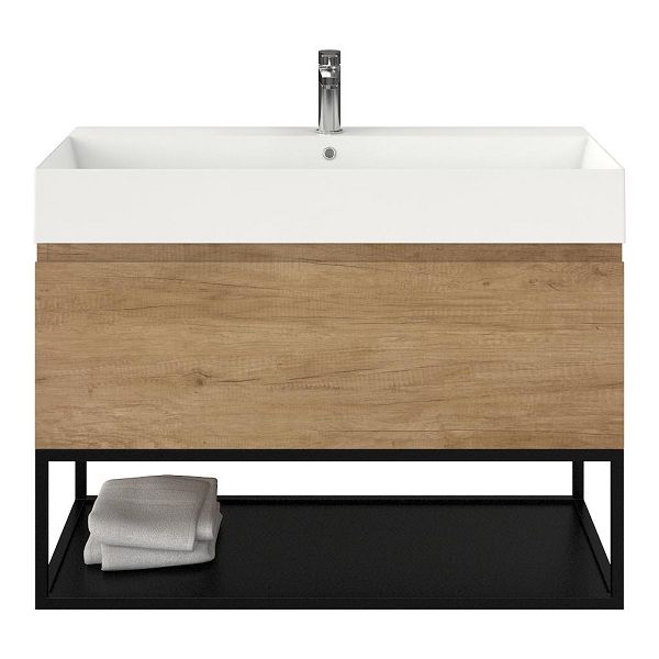 Texel Domburg/Veere/Marken badmeubel 100x46 1 softclose lade olm greeploos keramische wastafel wit glans met 1 kraangat met mat zwart metalen frame