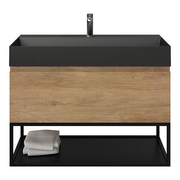 Texel Domburg/Veere/Marken badmeubel 100x46 1 softclose lade olm greeploos keramische wastafel zwart mat met 1 kraangat met mat zwart metalen frame