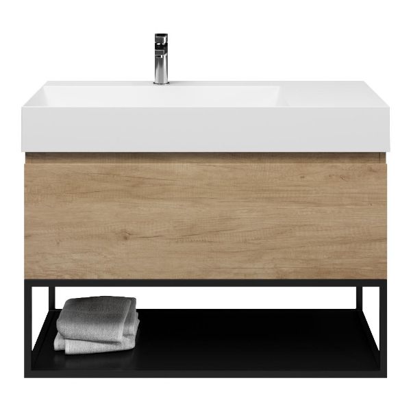 Texel Domburg/Veere/Marken badmeubel 100x46 1 softclose lade olm greeploos keramische wastafel links wit glans met 1 kraangat met mat zwart metalen frame