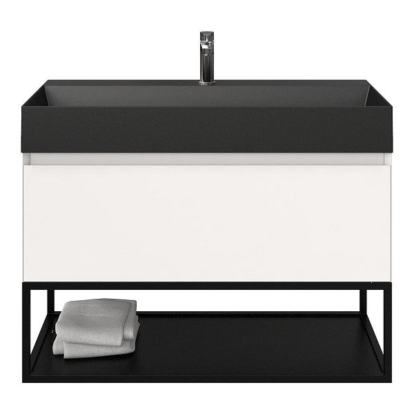 Texel Domburg/Veere/Marken badmeubel 100x46 1 softclose lade wit hoogglans greeploos keramische wastafel zwart mat met 1 kraangat met mat zwart metalen frame