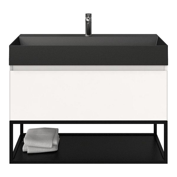 Texel Domburg/Veere/Marken badmeubel 100x46 1 softclose lade wit mat greeploos keramische wastafel zwart mat met 1 kraangat met mat zwart metalen frame