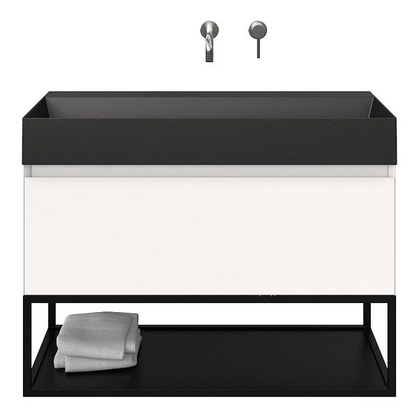 Texel Domburg/Veere/Marken badmeubel 100x46 1 softclose lade wit mat greeploos keramische wastafel zwart mat zonder kraangaten met mat zwart metalen frame
