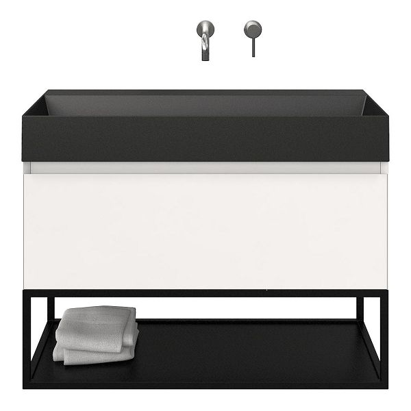 Texel Domburg/Veere/Marken badmeubel 100x46 1 softclose lade wit hoogglans greeploos keramische wastafel zwart mat zonder kraangaten met mat zwart metalen frame