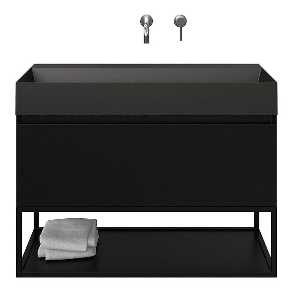 Texel Domburg/Veere/Marken badmeubel 100x46 1 softclose lade zwart mat greeploos keramische wastafel zwart mat zonder kraangaten met mat zwart metalen frame