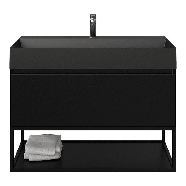 Texel Domburg/Veere/Marken badmeubel 100x46 1 softclose lade zwart mat greeploos keramische wastafel zwart mat met 1 kraangat met mat zwart metalen frame