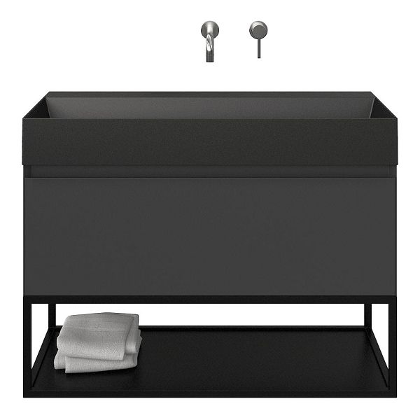 Texel Domburg/Veere/Marken badmeubel 100x46 1 softclose lade antraciet mat greeploos keramische wastafel zwart mat zonder kraangaten met mat zwart metalen frame