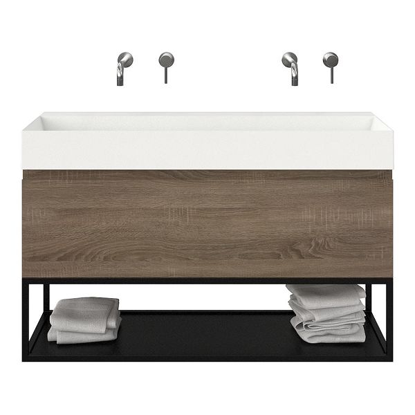 Texel Domburg/Veere /Marken badmeubel 120x46 1 softclose lade eiken donker greeploos keramische wastafel wit mat zonder kraangaten met mat zwart metalen frame