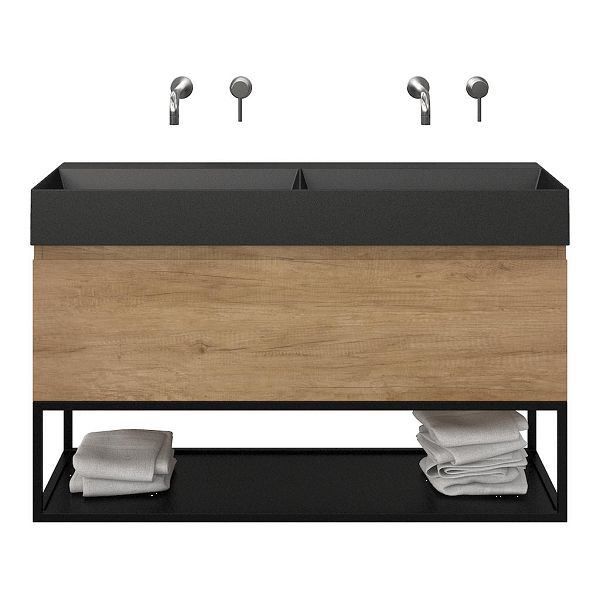 Texel Domburg/Veere /Marken badmeubel 120x46 1 softclose lade olm greeploos keramische wastafel dubbel zwart mat zonder kraangaten met mat zwart metalen frame