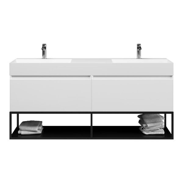 Texel Domburg/Veere/Marken badmeubel 160x46 2 softclose laden hoogglans wit greeploos keramiek dubbele wastafel mat wit met 2 kraangaten met mat zwart metalen frame