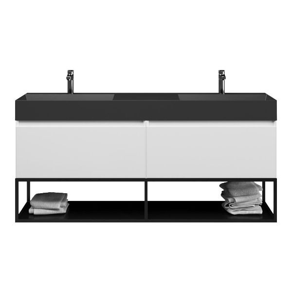 Texel Domburg/Veere/Marken badmeubel 160x46 2 softclose laden hoogglans wit greeploos keramiek dubbele wastafel mat zwart met 2 kraangaten met mat zwart metalen frame