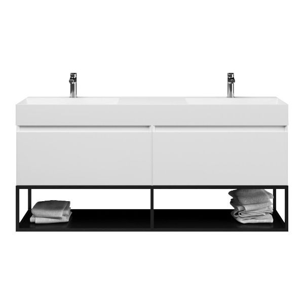 Texel Domburg/Veere/Marken badmeubel 160x46 2 softclose laden hoogglans wit greeploos keramiek dubbele wastafel wit met 2 kraangaten met mat zwart metalen frame