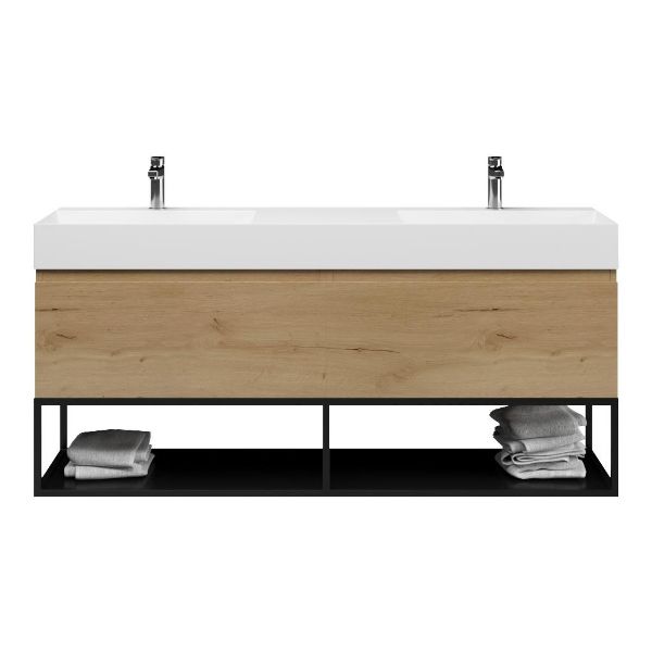 Texel Domburg/Veere/Marken badmeubel 160x46 2 softclose laden eiken natuur greeploos keramiek dubbele wastafel wit 2 kraangaten met mat zwart metalen frame