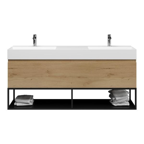 Texel Domburg/Veere/Marken badmeubel 160x46 2 softclose laden eiken natuur greeploos keramiek dubbele wastafel mat wit 2 kraangaten met mat zwart metalen frame