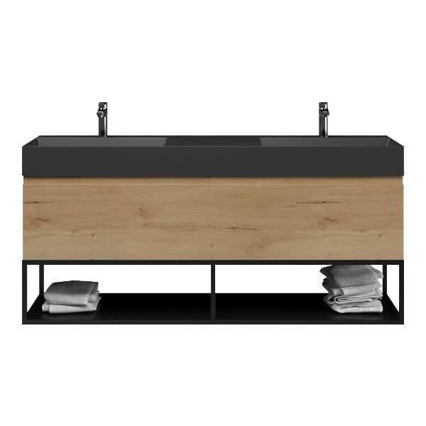 Texel Domburg/Veere/Marken badmeubel 160x46 2 softclose laden eiken natuur greeploos keramiek dubbele wastafel mat zwart 2 kraangaten met mat zwart metalen frame