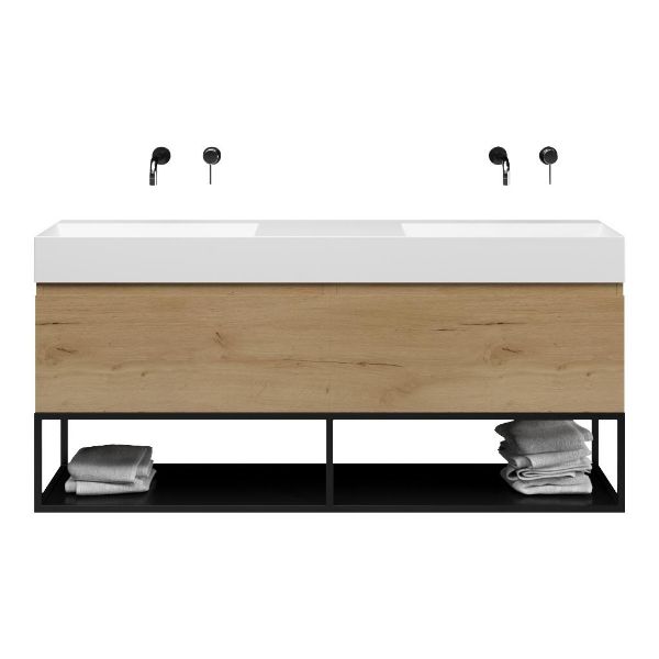 Texel Domburg/Veere/Marken badmeubel 160x46 2 softclose laden eiken natuur greeploos keramiek dubbele wastafel mat wit zonder kraangaten met mat zwart metalen frame