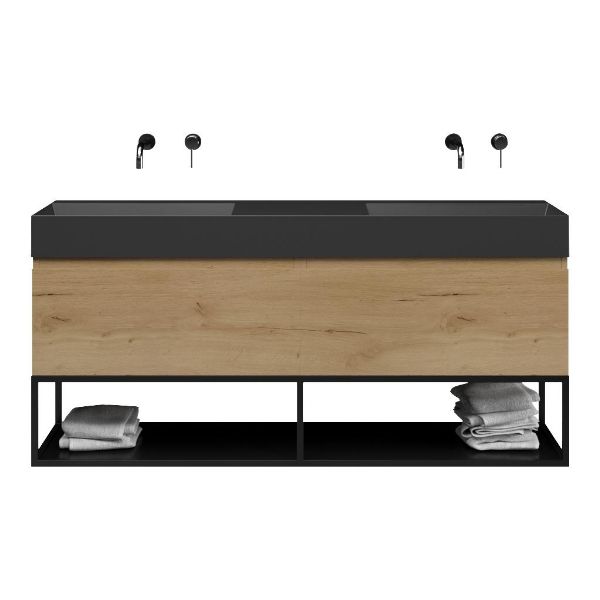 Texel Domburg/Veere/Marken badmeubel 160x46 2 softclose laden eiken natuur greeploos keramiek dubbele wastafel mat zwart zonder kraangaten met mat zwart metalen frame