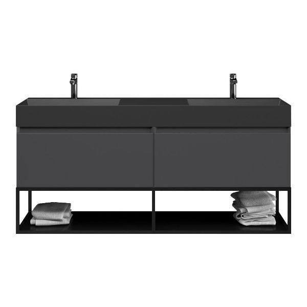 Texel Domburg/Veere/Marken badmeubel 160x46 2 softclose laden mat antraciet greeploos keramiek dubbele wastafel mat zwart met 2 kraangaten met mat zwart metalen frame