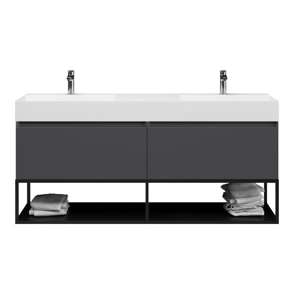 Texel Domburg/Veere/Marken badmeubel 160x46 2 softclose laden mat antraciet greeploos keramiek dubbele wastafel wit met 2 kraangaten met mat zwart metalen frame