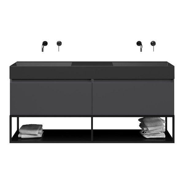 Texel Domburg/Veere/Marken badmeubel 160x46 2 softclose laden mat antraciet greeploos keramiek dubbele wastafel mat zwart zonder kraangaten met mat zwart metalen frame