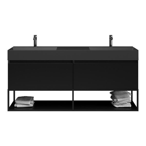 Texel Domburg/Veere/Marken badmeubel 160x46 2 softclose laden mat zwart greeploos keramiek dubbele wastafel mat zwart met 2 kraangaten met mat zwart metalen frame