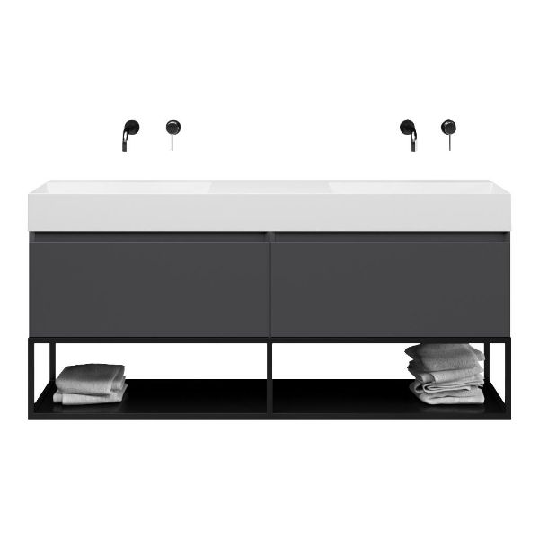 Texel Domburg/Veere/Marken badmeubel 160x46 2 softclose laden mat antraciet greeploos keramiek dubbele wastafel wit zonder kraangaten met mat zwart metalen frame