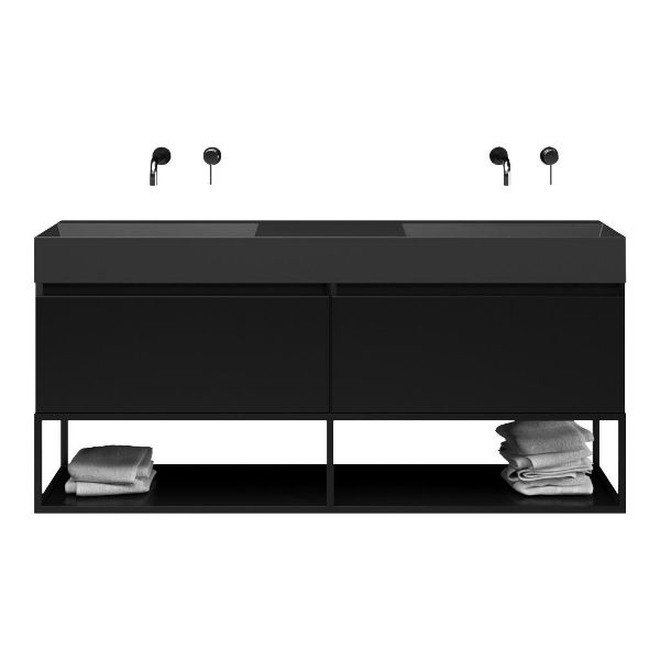 Texel Domburg/Veere/Marken badmeubel 160x46 2 softclose laden mat zwart greeploos keramiek dubbele wastafel mat zwart zonder kraangaten met mat zwart metalen frame
