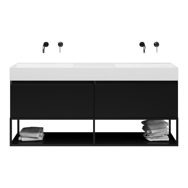 Texel Domburg/Veere/Marken badmeubel 160x46 2 softclose laden mat zwart greeploos keramiek dubbele wastafel wit zonder kraangaten met mat zwart metalen frame