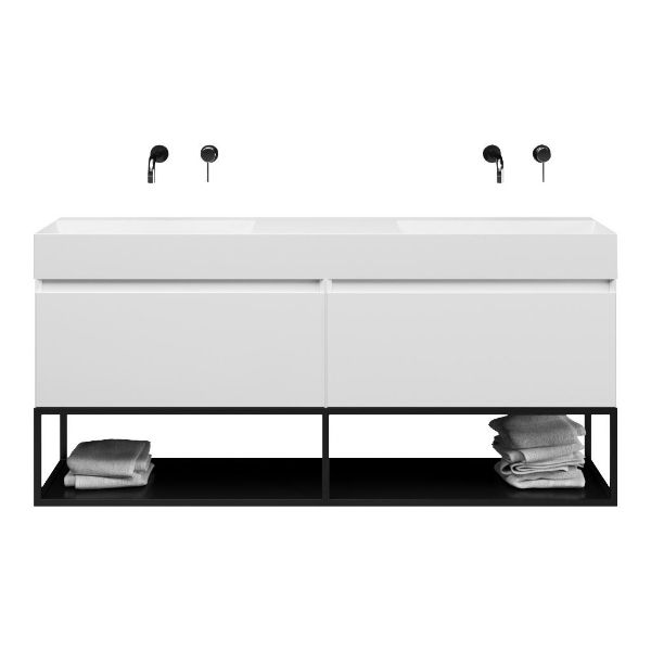 Texel Domburg/Veere/Marken badmeubel 160x46 2 softclose laden hoogglans wit greeploos keramiek dubbele wastafel wit zonder kraangaten met mat zwart metalen frame