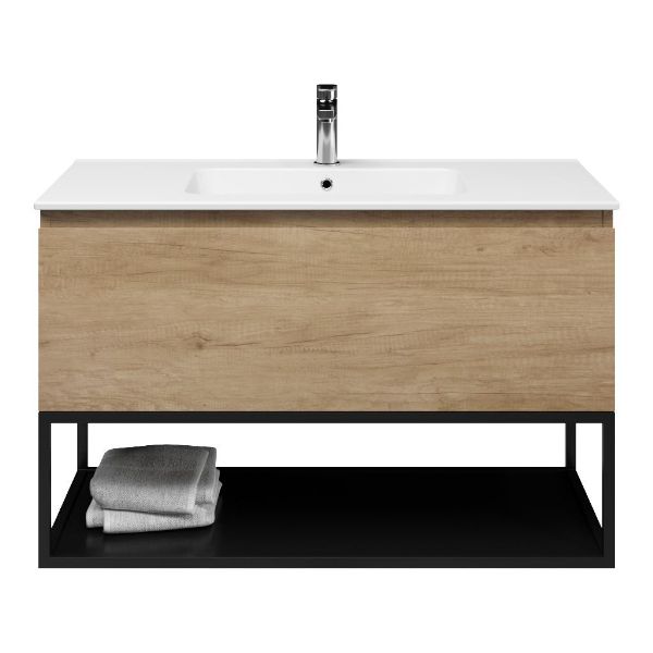Texel Domburg/Veere/Quadra badmeubel 100x46 1 softclose lade olm greeploos keramische wastafel wit met 1 kraangat met mat zwart metalen frame