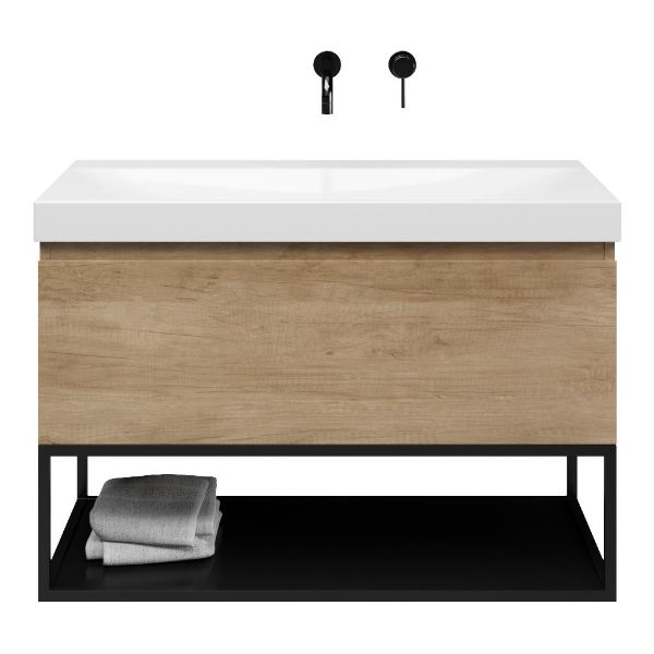 Texel Domburg/Veere/Rockanje badmeubel 100x46 1 softclose lade olm greeploos keramische wastafel wit glans zonder kraangaten met mat zwart metalen frame