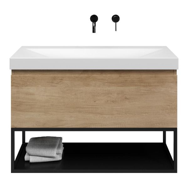 Texel Domburg/Veere/Rockanje badmeubel 100x46 1 softclose lade olm greeploos keramische wastafel wit mat zonder kraangaten met mat zwart metalen frame