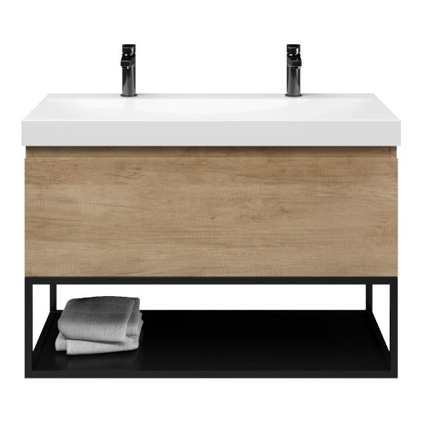Texel Domburg/Veere/Rockanje badmeubel 100x46 1 softclose lade olm greeploos keramische wastafel wit glans met 2 kraangaten met mat zwart metalen frame