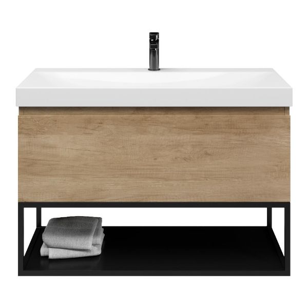 Texel Domburg/Veere/Rockanje badmeubel 100x46 1 softclose lade olm greeploos keramische wastafel wit glans met 1 kraangat met mat zwart metalen frame