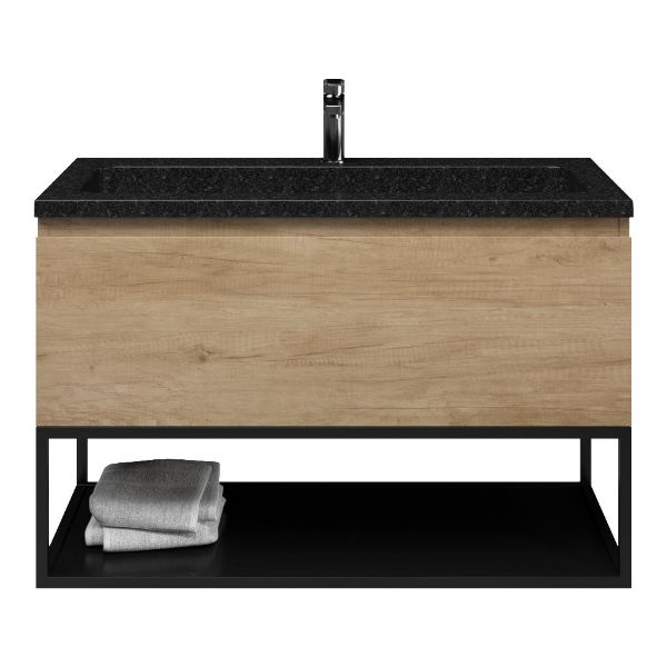 Texel Domburg/Veere/Square badmeubel 100x46 1 softclose lade olm greeploos natuursteen wastafel shanxi black met 1 kraangat met mat zwart metalen frame