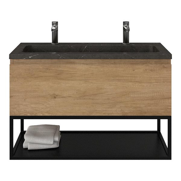 Texel Domburg/Veere/Square badmeubel 100x46 1 softclose lade olm greeploos natuursteen wastafel blue stone met 2 kraangaten met mat zwart metalen frame