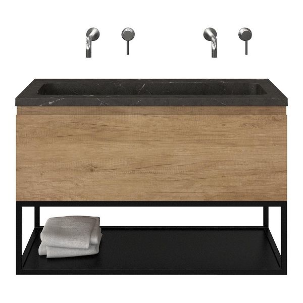 Texel Domburg/Veere/Square badmeubel 100x46 1 softclose lade olm greeploos natuursteen wastafel blue stone zonder kraangaten met mat zwart metalen frame