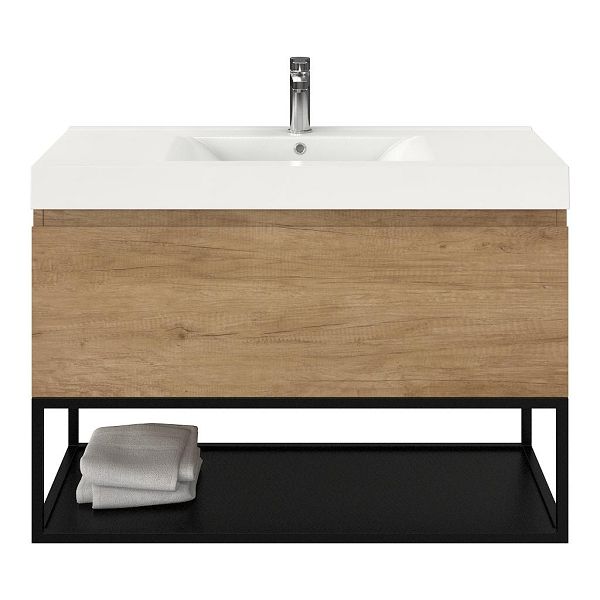 Texel Domburg/Veere/Wave badmeubel 100x46 1 softclose lade olm greeploos polystone wastafel wit met 1 kraangat met mat zwart metalen frame