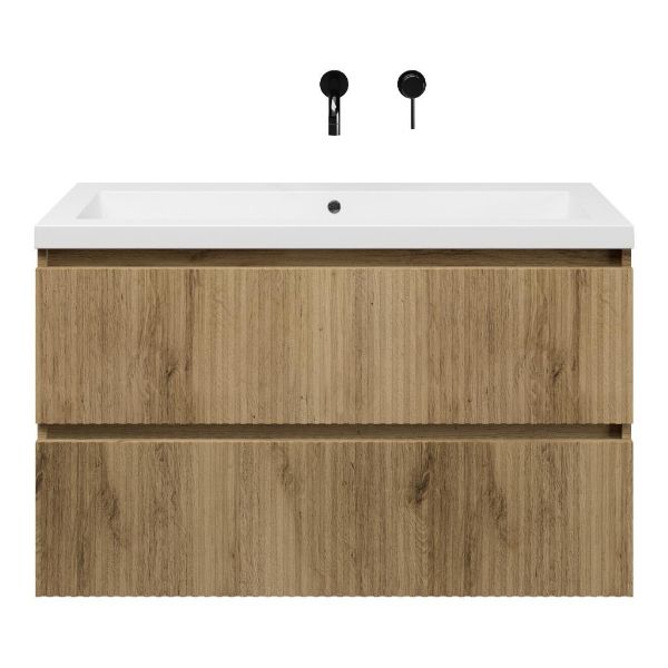 Texel Katwijk/Cadzand badmeubel 100x46 2 softclose laden met ribbel - latjes structuur warm eiken greeploos polystone wastafel wit zonder kraangaten