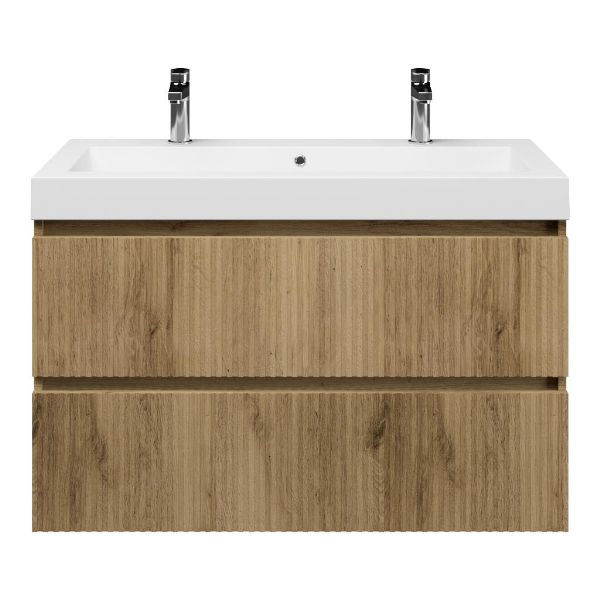 Texel Katwijk/Cadzand badmeubel 100x46 2 softclose laden met ribbel - latjes structuur warm eiken greeploos polystone wastafel wit met 2 kraangaten