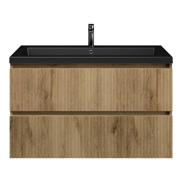 Texel Katwijk/Cadzand badmeubel 100x46 2 softclose laden met ribbel - latjes structuur warm eiken greeploos polystone wastafel mat zwart met 1 kraangat