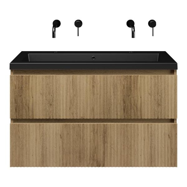 Texel Katwijk/Cadzand badmeubel 100x46 2 softclose laden met ribbel - latjes structuur warm eiken greeploos polystone wastafel mat zwart met 2 kraangaten